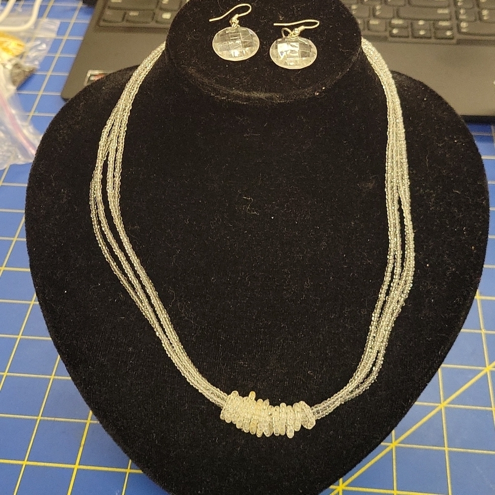 Clear Beaded 16" Necklace + 2ext with Earrings Set